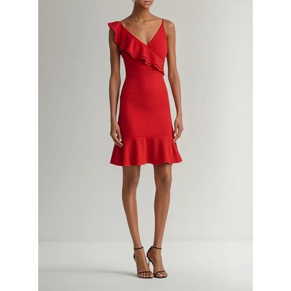 Aqua Dresses & Skirts - AQUA Ruffle Midi Dress Womens Size Medium Red Asymmetrical Strap Flounce Hem